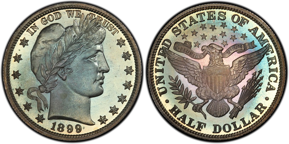 Side-by-side comparison of 1899 Barber Half Dollar business strike versus genuine Proof specimen showing mirror fields