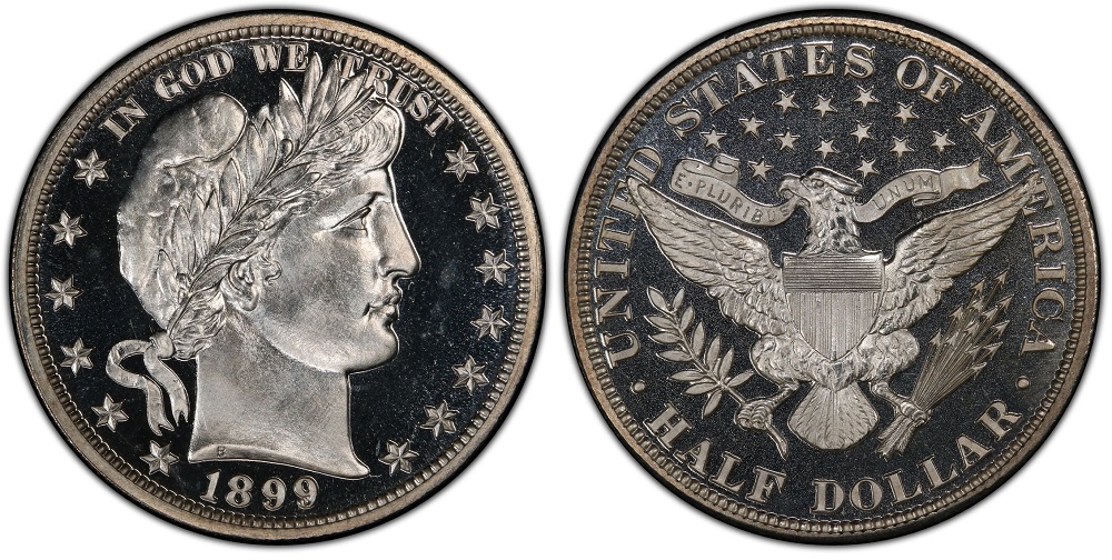 1899 Barber Half Dollar Proof Cameo showing frosted Liberty portrait against deeply mirrored fields