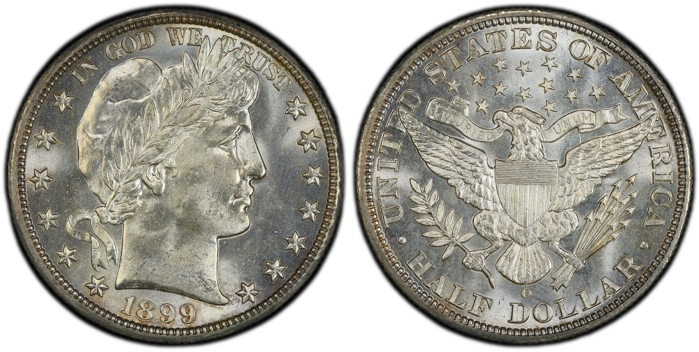 1899-O Barber Half Dollar reverse showing New Orleans mint mark above HALF DOLLAR lettering