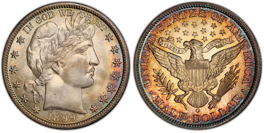 Historical image of the Philadelphia Mint circa 1899 or a group display of all four 1899 Barber Half Dollar issues
