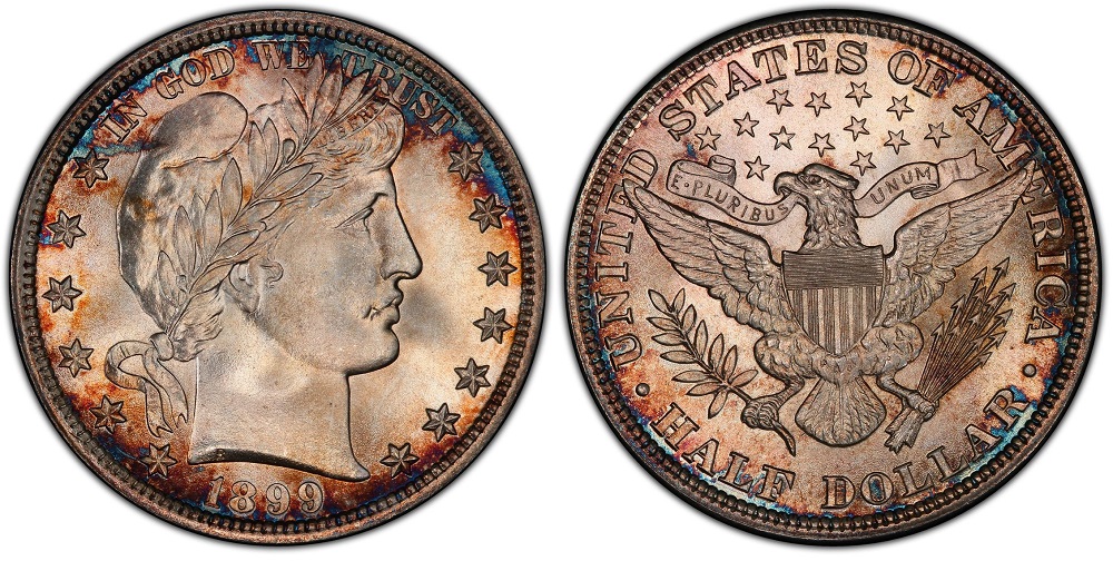 Grading strip showing 1899 Barber Half Dollar in four condition tiers from Good through Mint State